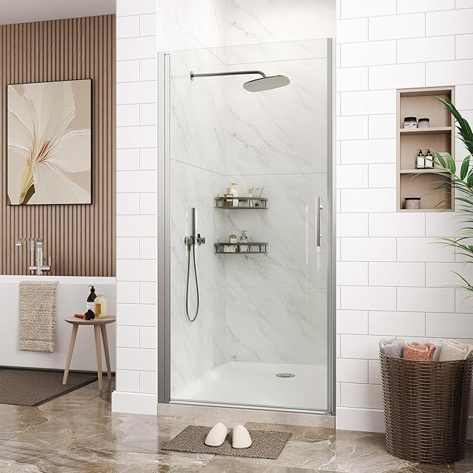 Frameless Hinged Shower Door with Pivot - 34 Inch Wide x 72 Inch High, 1/4" (6mm) Clear Tempered Glass, Reversible Inswing or Outswing Door, Easy-Clean Hydrophobic Coating, Brushed Nickel Finish