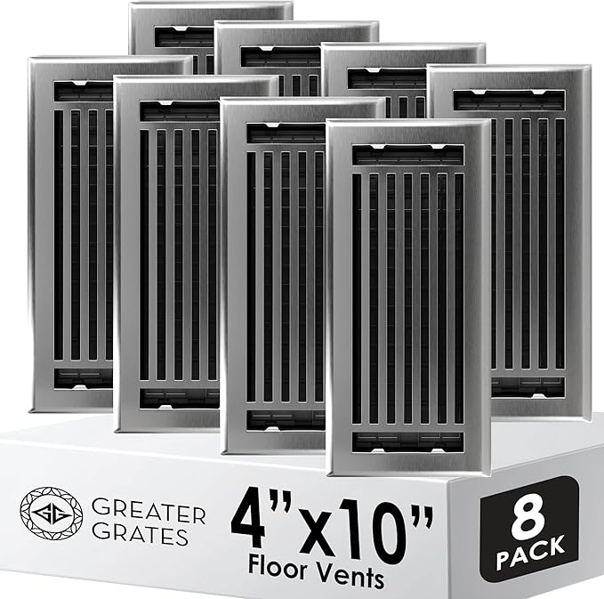 Floor Register 4x10 Vent Cover – 8 Pack – Heavy-Duty Steel, Rustproof & Walkable Grates, Drop-in Install, Adjustable Air Supply Switch - Decorative Straight Line Design, Brushed Nickel