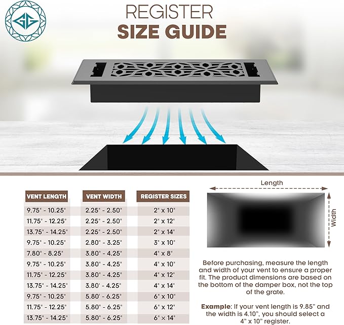 Floor Register 4x10 Vent Cover – Heavy-Duty Steel, Rustproof & Walkable Grates, Easy Drop-in Install, Adjustable Air Supply Switch - Decorative Floral Design, Textured Black