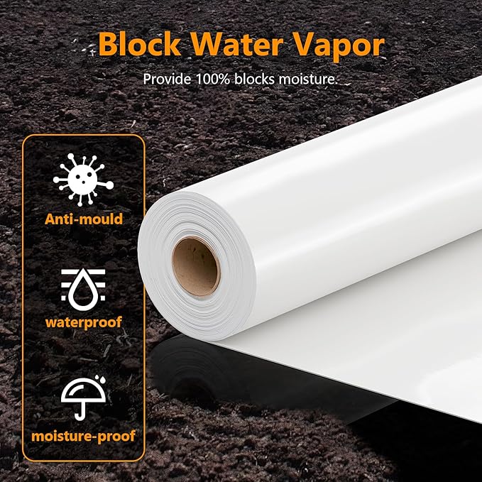 Crawl Space Vapor Barrier, 10mil Film, 10'x65', White Plastic Sheeting - Thick Plastic Sheeting, Heavy Duty Polyethylene Film, Drop Cloth Vapor Barrier Covering for Crawl Space, Garden, Basement