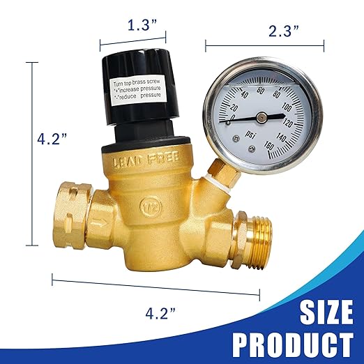 Hourleey RV Water Pressure Regulator, Adjustable Handle Brass Water Pressure Regulator, Water Pressure Reducer with Gauge and Inlet Screened Filter for RV Camper Travel Trailer