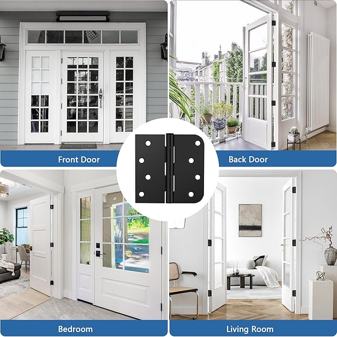 6 Pack Matte Black Door Hinges 4 Inch, Exterior Door Hinges with 5/8" Radius & Square Corners, Removable Pin, Perfect for Heavy-Duty Front & Back Door, Anti-Rust & No Squeaks
