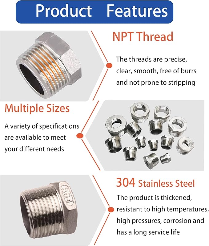 1/2" Male to 3/8" Female NPT Threaded Reducer Hex Bushing 304 Stainless Steel Reducing Adapter Pipe Fitting With Teflon Plumbers Tape(Pack of 2)