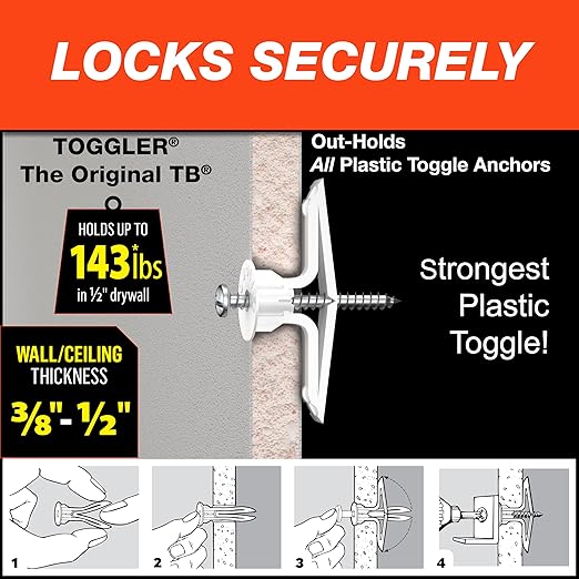 TOGGLER Toggle TB Residential Drywall Anchor with Screws, Polypropylene, Made in US, 3/8" to 1/2" Grip Range, For #6 to #14 Fastener Sizes (Pack of 20)