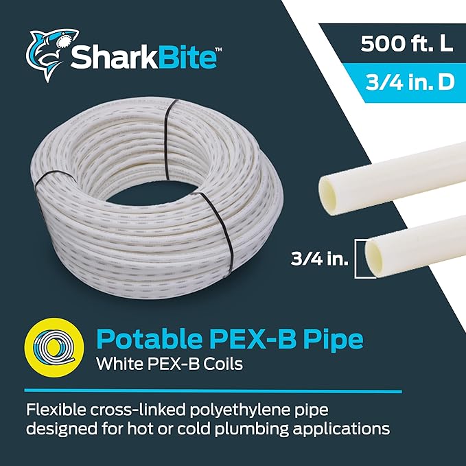 SharkBite 3/4 Inch x 500 Feet White PEX-B, PEX Pipe Flexible Water Tubing for Plumbing, U870W500