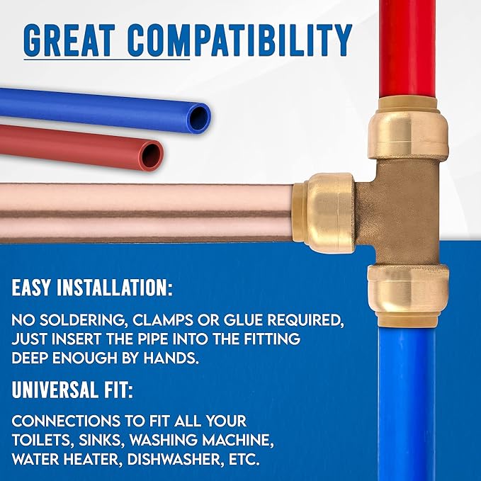 3/4 Inch Push Fit Plumbing Tee - Push-to-Connect Plumbing Fittings - Straight/Elbow/Tee Plumbing Fitting with 3/4" Disconnect Clip - Push fit Fittings for Copper Copper, PEX, CPVC Pipe - Pack of 5