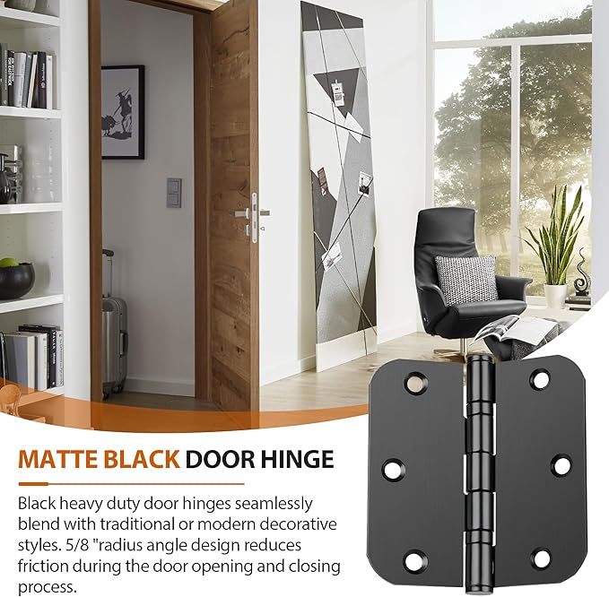 3.5 Inch Ball Bearing Door Hinges, 3-Pack Matte Black Heavy Duty Stainless Steel, 5/8" Radius Corner, Non-Removable Pin for Smooth Quiet Operation - Commercial Grade for Interior/Exterior Doors