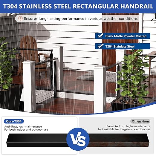 4Pack 8FT T304 Stainless Steel Handrails Black with Extension Connectors End Cap Kits for Cable Railing System Posts Kit, Cuttable Rectangular Handrails Flat Top Rail - 2.36" W x 1.18" H