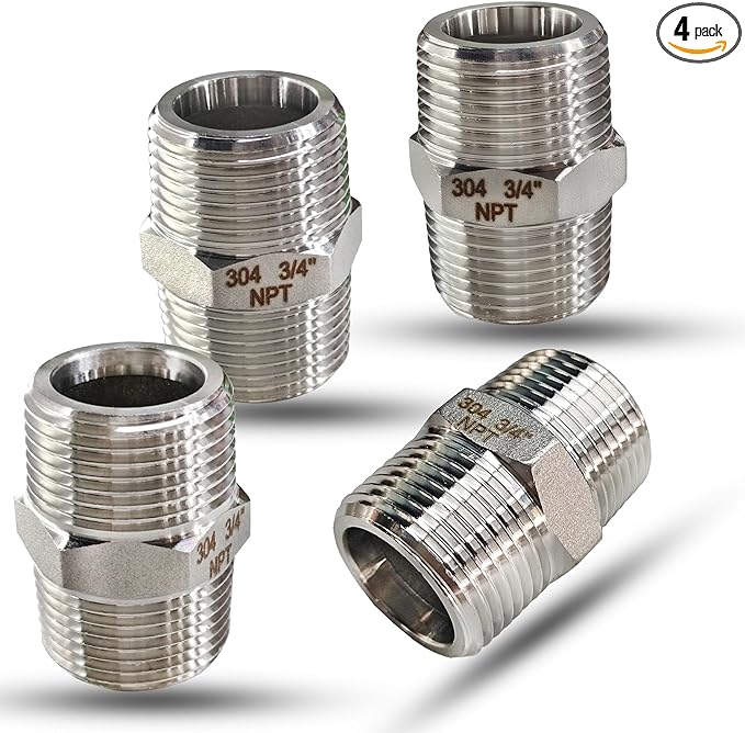 3/4" NPT Male Hex Nipple Pipe Fittings, 304 Stainless Steel 3/4 inch Threaded Pipe Adapter Fittings Equal Nipples Connectors, 4pcs Male Straight Connector Pipe Fitting
