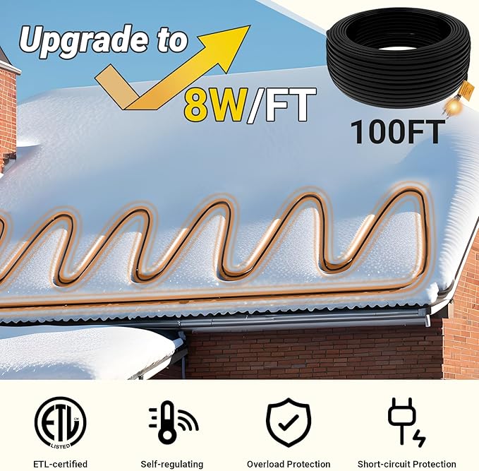 100FT Heat Tape for Roof and Gutters, 8W/FT Roof Snow De-Icing Kit w/ 45PCS Clips & Spacers, Self-Regulating Heat Cable, Roof Heat Tape for Ice Dam & Pipe Freeze Prevention, 120V, LED Plug
