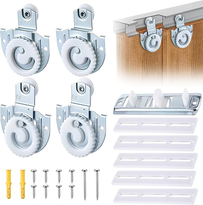 Feekoon 6 Pcs Sliding Closet Door Hardware Kit, Closet Door Rollers with Adjustable Floor Guide & Heightening Pads, Wardrobe Rollers Replacement for 3/4" to 1-3/8" Thick Top Hung(Semicircle)