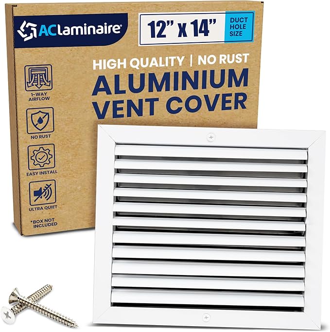 12x14 Inch (Duct Opening) Aluminum 1-Way Air Flow Vent – HVAC Vent Cover for Wall or Ceiling – Quiet HVAC Wall Register with Multi-Shutter Damper – Adjustable Curved Blade - Plastic Seal for Tight Fit