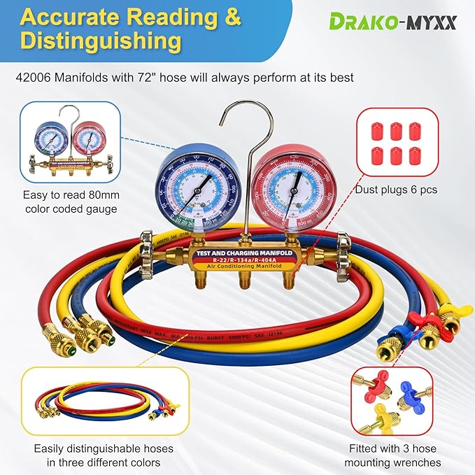 2026 Upgrade 42006 Test and Charge Manifold Set with 3-1/8" (80 mm) Gauge, for R-22/134A/404A, 1/4" to 1/4" Standard Flare Fittings with 72"(6Ft), Hvac Gauges with Colored Label and Hoses Set
