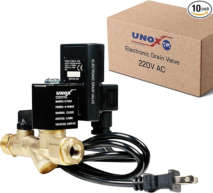 UNOX Electronic Drain Valve for Air Compressor Set of 10, 1/2" NPT to 1/4" NPT 220V AC Automatic Timed Tank Drain Valve with 6 feet US Plug Cable - Max 235 PSI Solenoid Valve Assembled