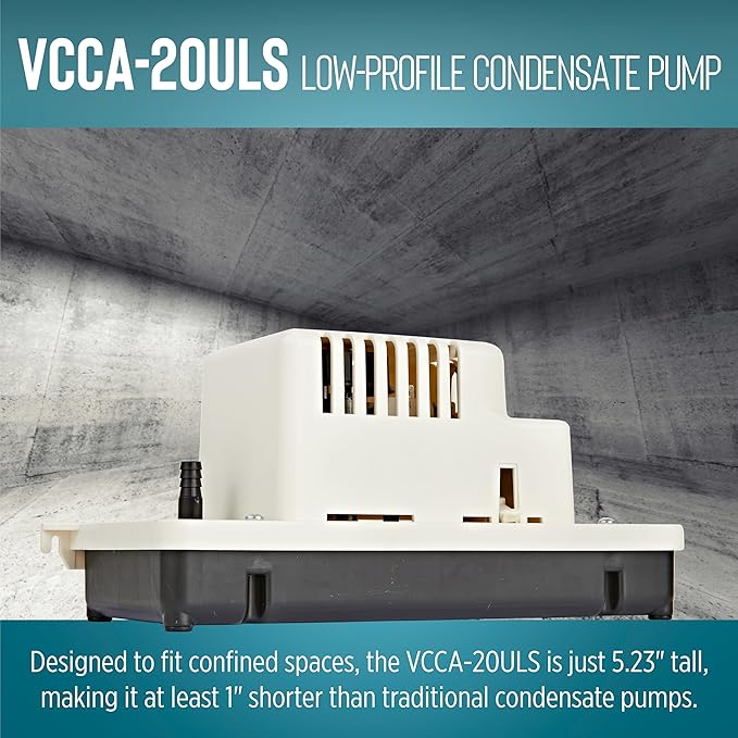 Little Giant VCCA-20ULS 115-Volt, 60 Hz, 1/30 HP, 80 GPH Low-Profile Automatic Condensate Removal Pump with Safety Switch, White/Black, 554201101