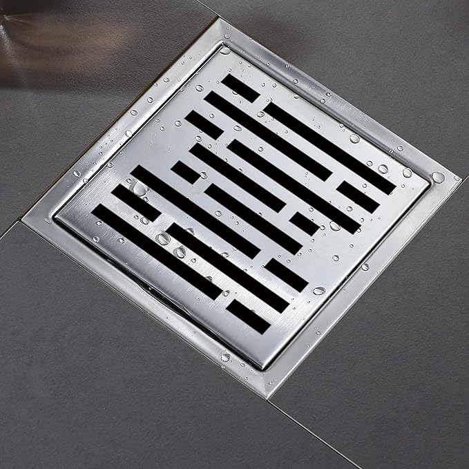 6 Inch Square Shower Floor Drain, Shower Drain Kit with Flange, Square Shower Drain, SUS 304 Stainless Steel Floor Drain,Silver