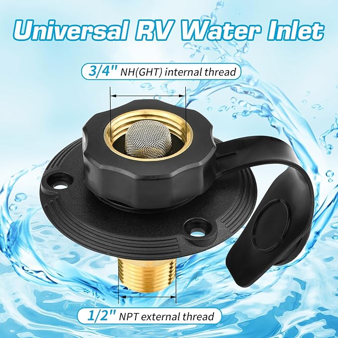 RV City Water Inlet with Brass Check Valve, Fresh Water Fill Flange for Camper Hookup, Durable RV Water Replacement Connection Fittings, Black