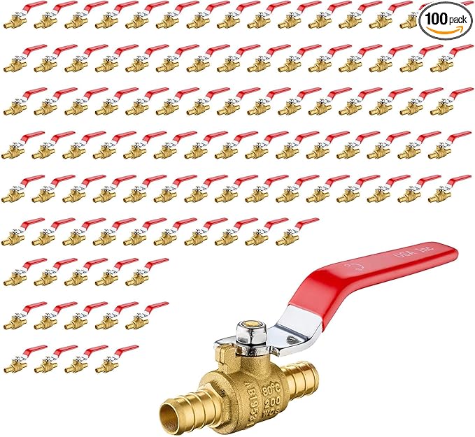 100 Pack Ball Valves, 1/2" Pex Crimp Shut Off Valve Red, Brass Full Port Pex B Shut Off Ball Valve for Hot and Cold Water, NSF/ANSI 61 Certified
