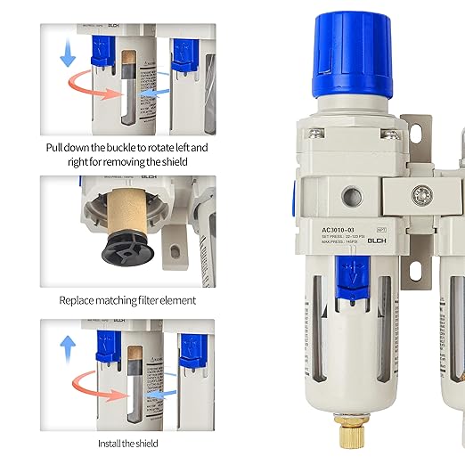 BLCH 3/8" NPT Air Compressor Water Separator - Air Pressure Regulator Compressed Air Filter Regulator Lubricator Combo AC3010-03 Semi-auto Drain Poly Bowl Gauge 0-160 PSI 5μm Brass