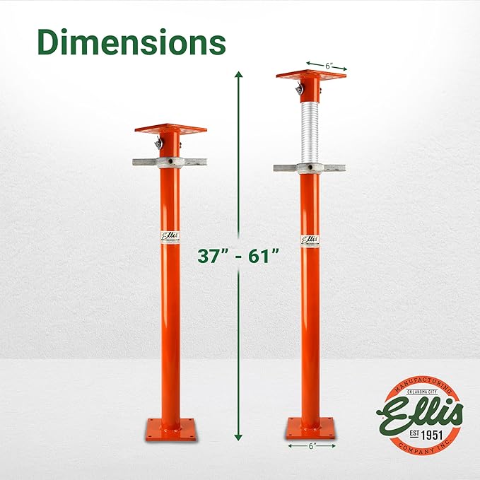Ellis Manufacturing Light-Duty Steel Lifting Shore and Jack Post – House Jack for Foundation, Floor Leveling, and Concrete Bracing – 12,000 lb Safe Load Capacity – 37"-61" Adjustment