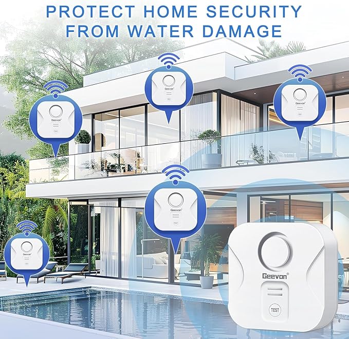 Geevon 4 Pack Water Leak Detectors for Home, 100dB Water Sensor Alarm Flood Leakage Detection Devices for Bathroom, Basements, Laundry Rooms, Kitchen, IP56 Waterproof(Battery＆Screwdriver Included)