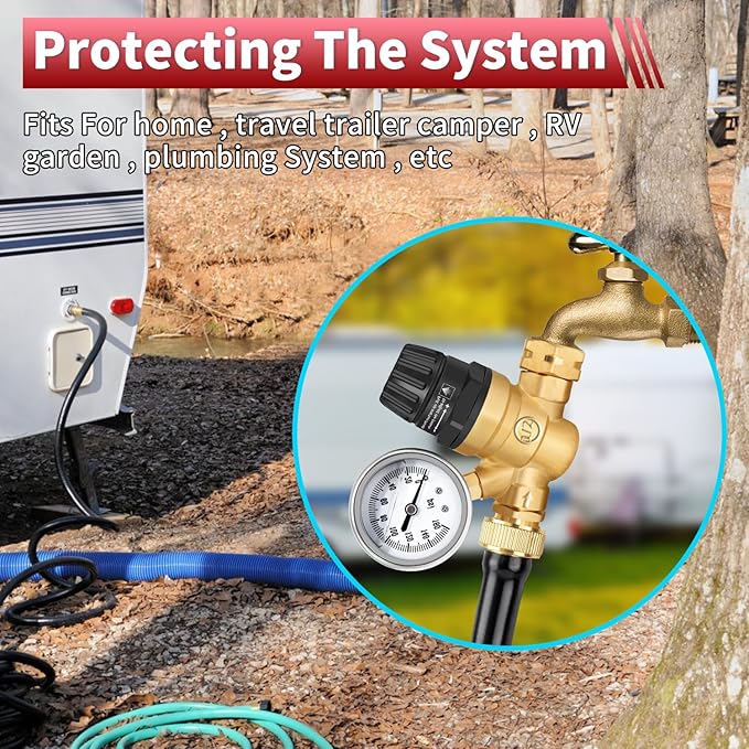 Boltigen RV Water Pressure Regulator with Gauge, 3/4'' GHT Lead-Free Brass Fresh Water Hose Pressure Reducer Valve, Adjustable Water Pressure Regulator for RV Camper