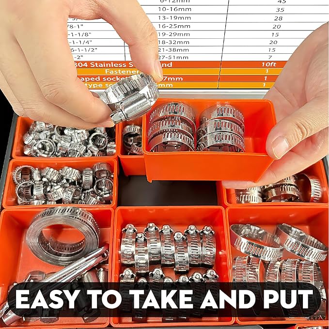 185PCS 304 Stainless Steel Worm Gear Hose Clamps,1/4"-2"(6-51mm) Hose Clamp Assortment with 1-Set 9.84FT Metal Strap+8 Fasteners for Secure Plumbing, Automotive, Fuel Line,Industrial Applications