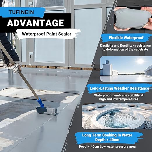 Rubber Liquid Waterproof Sealant, TUFINEIN 11 LB/5 KG Neutral Gray Quick Drying Multi Surface Foundation Leak Repair - Roof Gutters Basement Sealer Waterproof - Indoor & Outdoor Flexible Rubber Paint