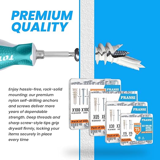 Drywall Anchors and Screws Kit – 60pcs #8 x 1-1/4” Self Drilling Anchors – No Pre-Drill Required – Heavy Duty Wall Anchors for Drywall – Holds Up to 75lbs
