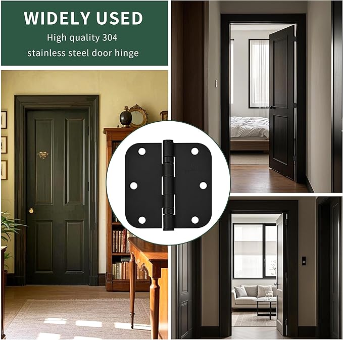 304 Stainless Steel 3.5 Inch Matte Black Door Hinges Interior Hinges 5/8" Radius Corners 3.5'' Ball Bearing Door Hinges- 3 Pack