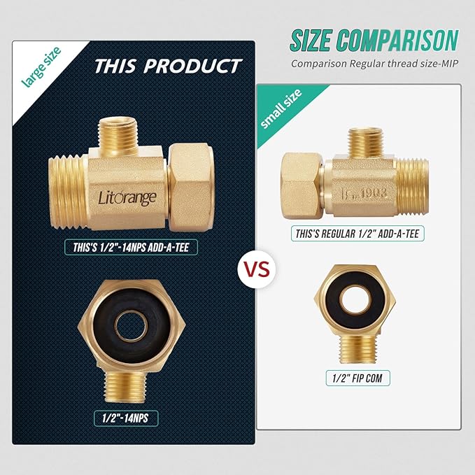1 Pack Lead-Free Brass, Angle Stop Add-A-Tee Valve,Splitting Water Supply,1/2"-14NPS x 1/2"-14NPS x 3/8"MIP, 3 Way Adapter Or Tee Connector With A Sealing Tape