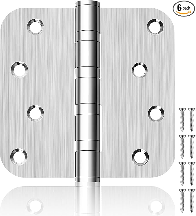 6 Pack 4" Heavy Duty Door Hinges with 5/8'' Radius Corner, 4in x 4in Stainless Steel Door Hinges for Exterior & Interior Doors, Smooth and Quiet (Silver)