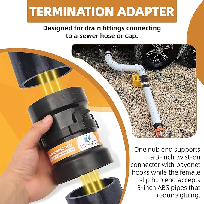 TonGass (2 x Combo Pack) RV Sewer Hose Fitting Adapter to PVC, RV Sewer Connection & RV Sewer Termination Adapter - 3" Hub x Bayonet Hooks with Thread Seal Tape