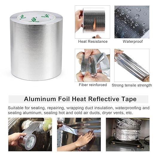 BOMEI PACK Adhesive Aluminum Foil Heat Shield Tape Barrier, Fiberglass Thermal Insulation Reflective Material High Temp Protection (5in*66ft)