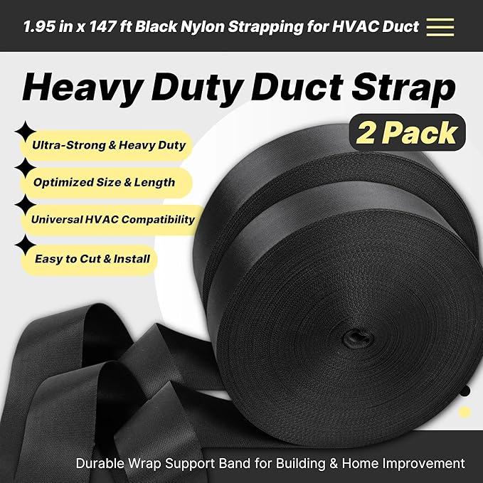 2 Pack Heavy Duty Duct Strap – 1.95 in x 147 ft Black Nylon Strapping for HVAC Duct, Durable Wrap Support Band for Building & Home Improvement