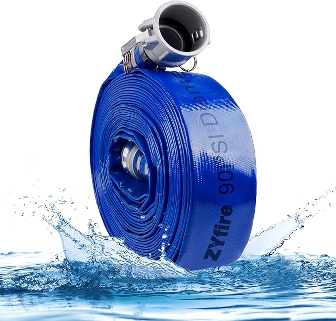 ZYfire Backwash Hose - 2" x 100 FT PVC Lay Flat Discharge Hose with Aluminum Camlock C & E Fittings Heavy Duty Reinforced Pump Discharge Hose Weather and Burst Resistant for Pool Drain, Sump Pump