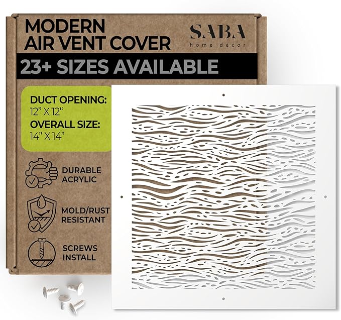 SABA Home Decor White Air Vent Cover - Acrylic Plexiglass 12 x 12 Duct Opening (14 x 14 Overall) Return Grille Decorative Covers for Walls & Ceilings NOT for Floor USE, Waves