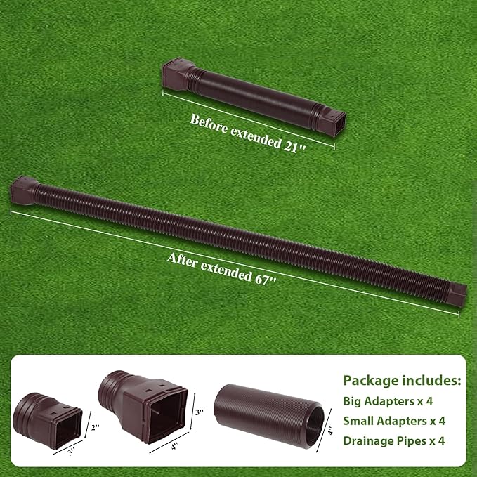 4 Pack Flexible Gutter Downspout Extensions Extendable from 21" to 67", Downspout Extender Comes with Adapters, Thickened Down spout Drain Extension for Rainwater Drainage(Brown)