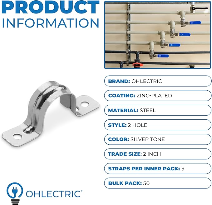 OhLectric Pipe Support Strap - Steel Pipe Strap with 2 Holes - Heavy-Duty 2 Inch U Bracket - Zinc Coated Tension Tube Clip - Pipe Clamp for EMT Conduits – (50 Pack)