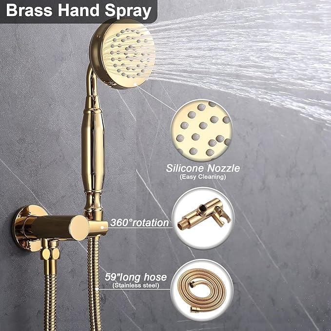 Enga Antique Shower Faucet Sets 8 inch Rainfall Head with Body Jets Handheld Spray Fixtures Combo, Brass 3 Way Diverter Rough in Valve Trim Kit, Bright Gold