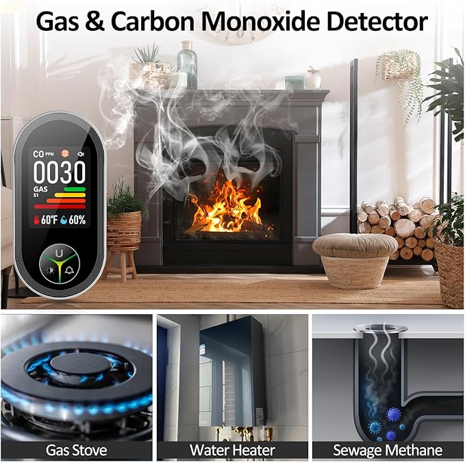 4-in-1 Carbon Monoxide Detectors & Natural Gas Leak Detector Plug in, Combination CO Detector & Combustible Gas, LPG, Methane, Propane Alarm with Fahrenheit(°F) & Humidity(2 Pack)