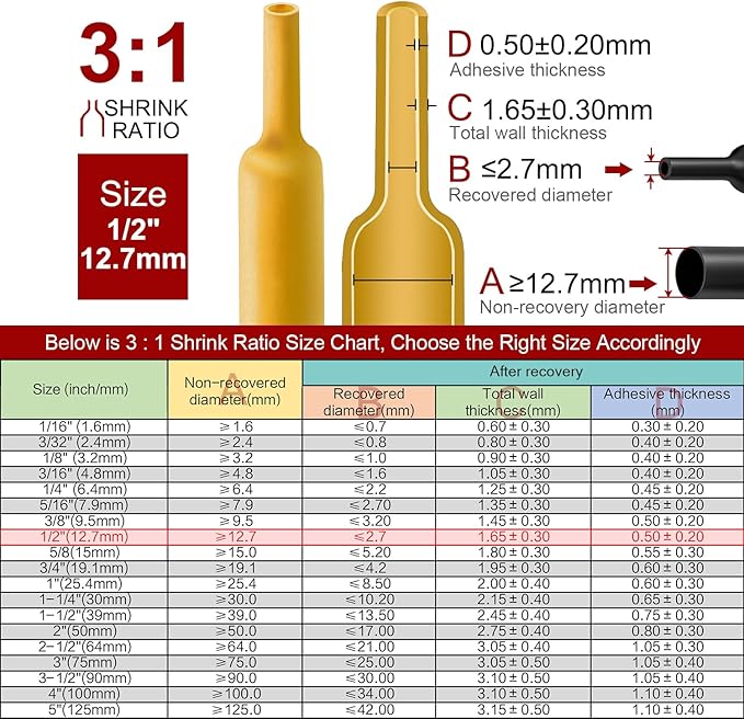 Chanzon 3:1 Ratio 1/2" (12.7mm) Heat Shrink Tubing - Marine Grade Waterproof Adhesive Lined - 4Ft Roll (1.22M Total Length) Yellow Polyolefin Sleeving Wrap Shrinking 3 to 1 Ratio 1pcs