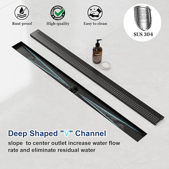 Neodrain 40" Black Linear Shower Drain with Removable Quadrato Pattern Cover, 304 Stainless Steel Rectangle Shower Floor Drains, Matte Black Linear Drain&Leveling Feet, Hair Strainer, CUPC Certified