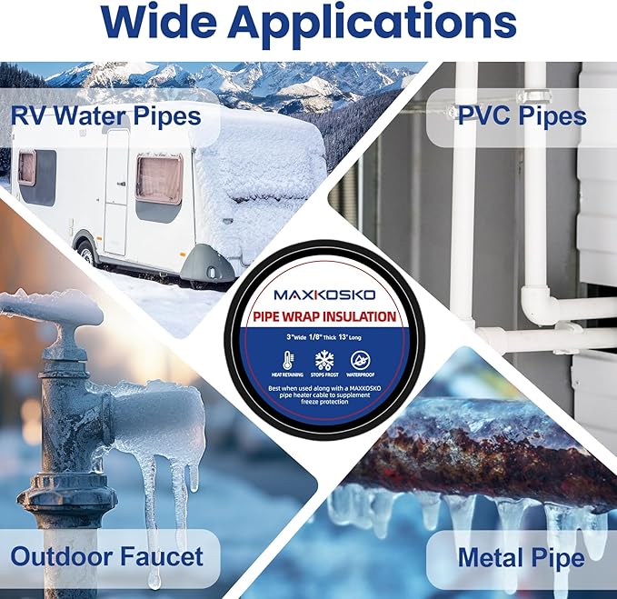 MAXKOSKO Pipe Insulation Tape, 13 Ft x 3 in Outdoor Water Pipe Wrap Insulation Roll, Foam Insulated Wrap Self-Adhesive for Pipe Freeze Protection, Heat Tape for Water Pipes, Copper PVC AC Line