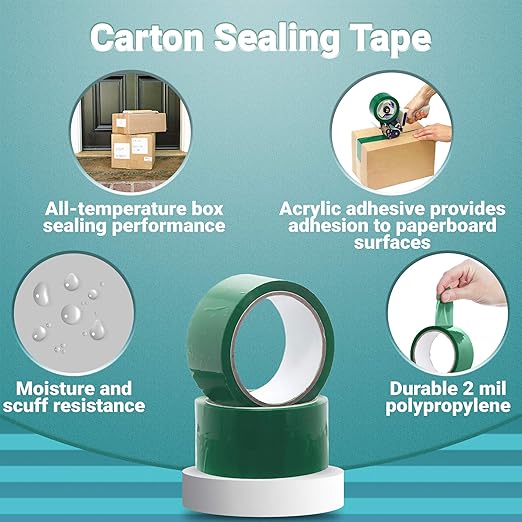 APQ 36 Rolls of Green Carton Sealing Tape 2" x 55 yds. Thickness 2 Mil. Acrylic Packaging Tape for Wrapping, Packing, Shipping, Moving Boxes. Acrylic Emulsion Adhesive. No Weathering, Yellowing.