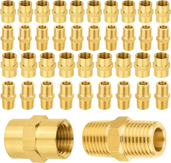 40-PCs HeSun Brass Pipe Fittings Combo, 20-PCs 1/4" NPT Male + 20-PCs 1/4" NPT Female Hex Nipple Adapter