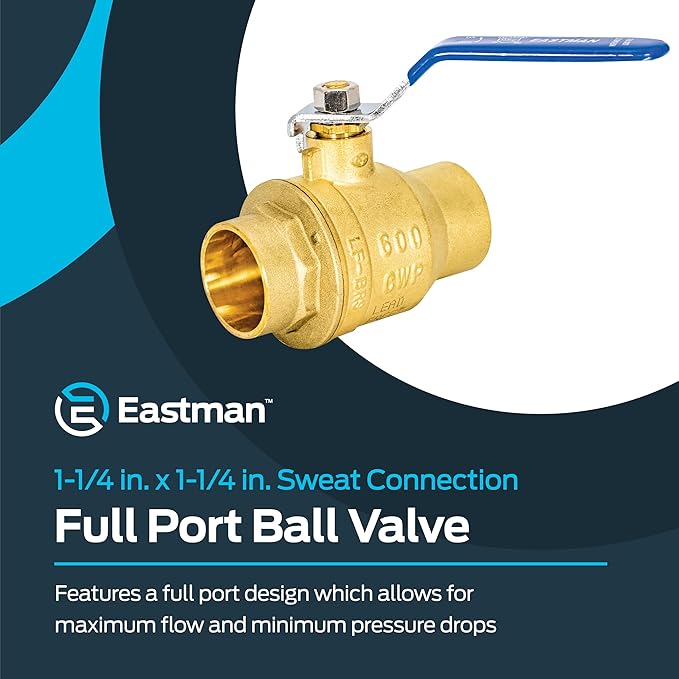 Eastman Heavy Duty Full Port Brass Ball Valve, 1-1/4 in Sweat x 1-1/4 in Sweat Connection, 20067LF