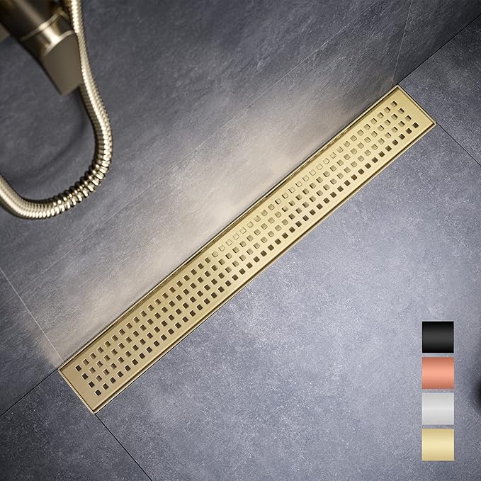 Linear Shower Drain 36 Inch Rectangular, Brushed Gold Shower Drain, 51L/Min Fast Drainage SUS-304 Stainless Steel Floor Linear Drain, US Standard CUPC Certified, Zirconium Gold, SD-112-36ZG
