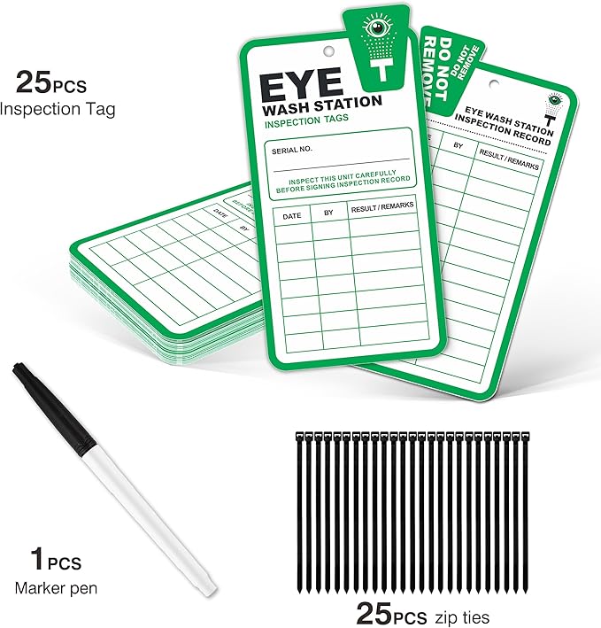 Eye Wash Station Inspection Tags 25 Pack, Plastic Eyewash Inspection Safety Tags, Yearly Monthly Weekly Inspection Records Tag for Eye Wash Station, OSHA Eye Wash Tag Test Cards