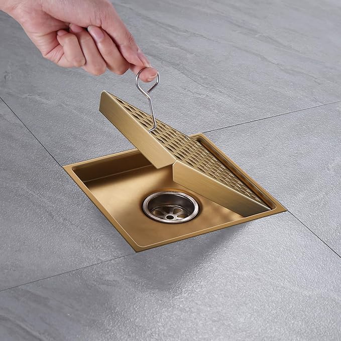 Shower Drain, Brushed Gold 6 inch Shower Floor Square Drain with Flange, Removeable Grid Panel SUS 304 Stainless Steel Square Shower Drain